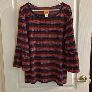 Ruby Rd maroon striped blouse with bell sleeves beautiful! Size L EUC